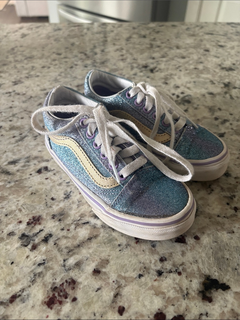 Vans Kids Glitter Lace-Up Sneakers in Blue with Cream Stripe